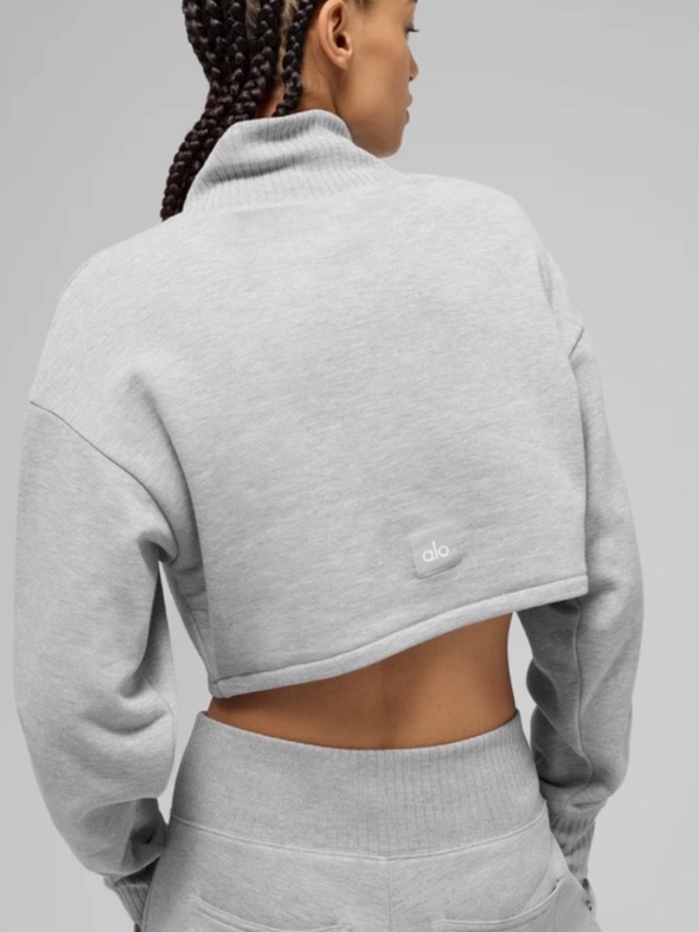 ALO Yoga Small Cropped Serenity Coverup Fleece Sweatshirt Top Ribbed Neck Gray - Picture 2 of 14